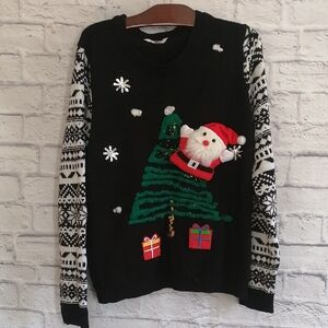 Festive Black Christmas Sweater with Santa and Tree